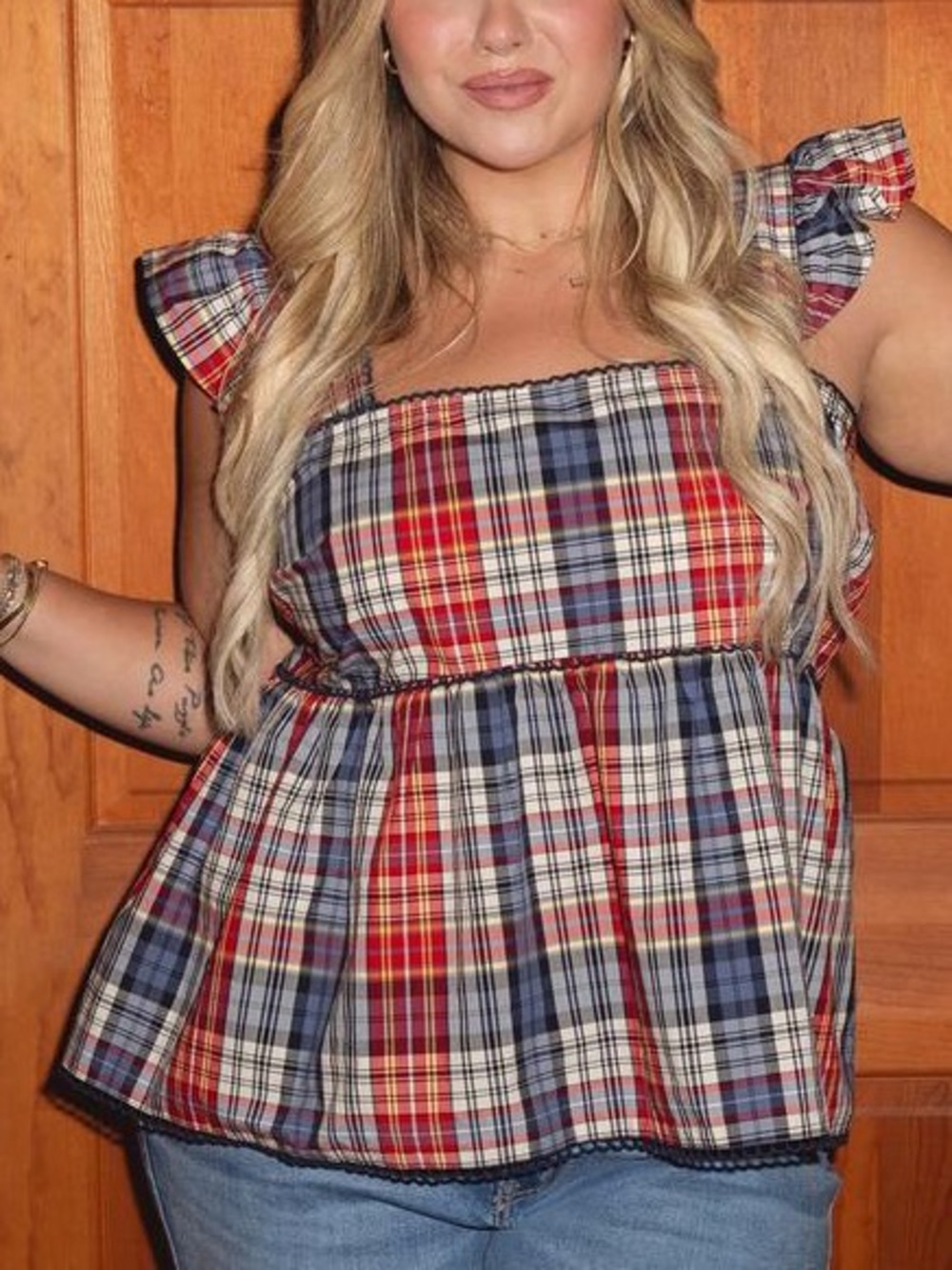 Belle Isle by Torrid Jackie Plaid Cloud Dancer Babydoll Ruffle Tank Top Size 2X